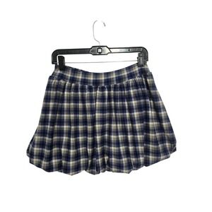 No Comment Plaid Bubble Skirt Women's Medium Blue Tan Polyester Blend